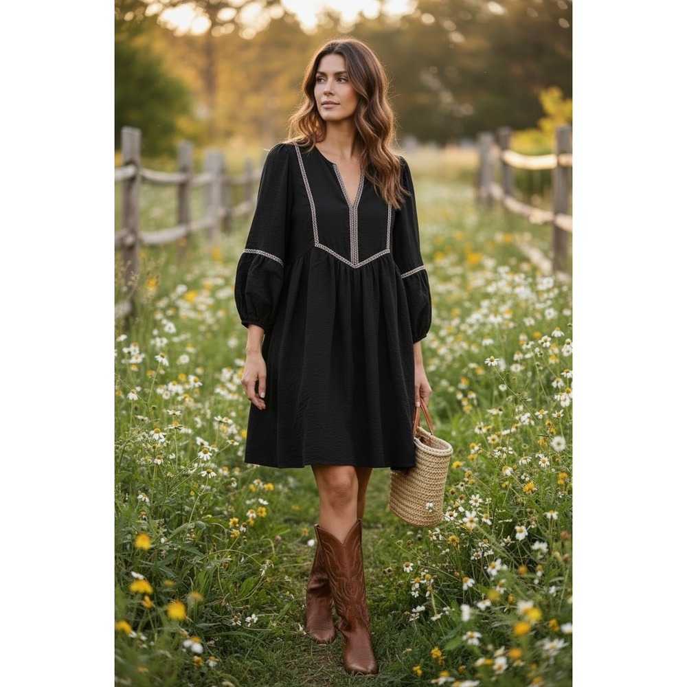 Rusttydustty Black Mini Western Boho A-Line Dress V-Neck Balloon Sleeve L NWT